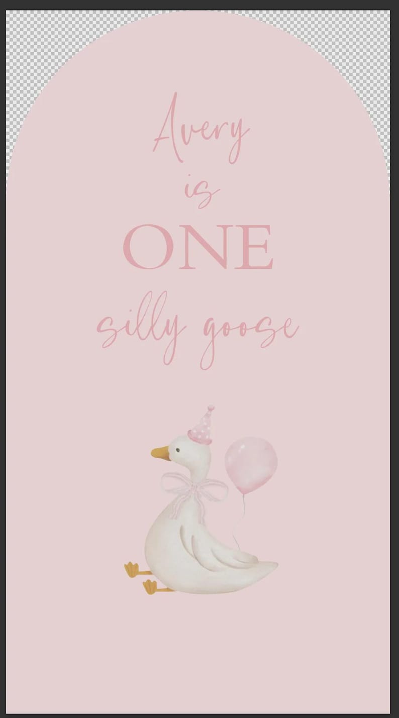 May include: Pink background with the text "Avery is ONE silly goose." A watercolor illustration of a white goose wearing a party hat and bow, holding a pink balloon. Ideal for a first birthday.
