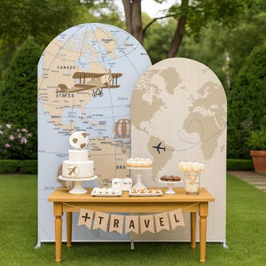 May include: A wooden table displays a travel-themed party setup. A banner reads "+TRAVEL". The backdrop features world maps and an airplane graphic. A cake, cupcakes, and other treats are arranged on the table, creating a festive atmosphere.