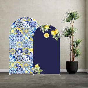Mediterranean Positano Arch Backdrop Cover: Lemon & Blue Tile Spandex Bridal Shower Decors