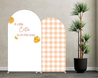 Orange Arch Backdrop Cover –A Little Cutie is On The Way Baby Shower Decorations,Orange Plaids Fiesta Birthday Party–Spandex Fabric Cover