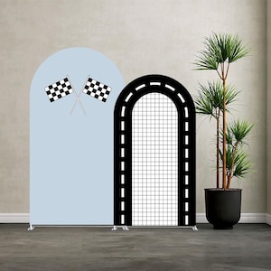 May include: Two arched backdrop covers featuring a racing theme. The left panel is light blue with two crossed black and white checkered flags. The right panel is black with a white road border and a white grid pattern in the center.