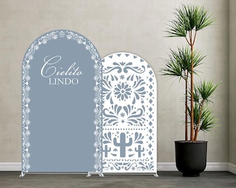 Fiesta Arch Backdrop Cover – Dusty Blue Cielito Lindo Decors for Mexican Wedding, Birthday Party, Baptism Baby Shower – Spandex Fabric Cover