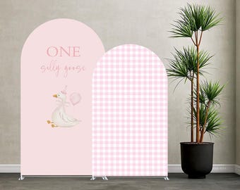 One Silly Goose Arch Backdrop Cover: Pink Plaids Girls 1st Birthday Party Decorations