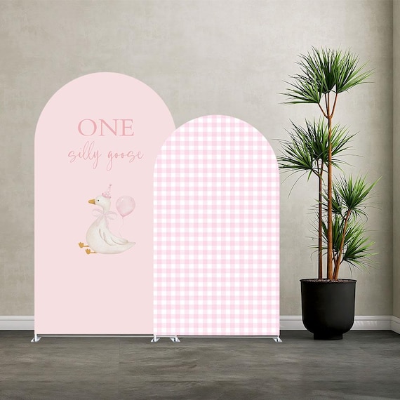 One Silly Goose Arch Backdrop Cover: Pink Plaids Girls 1st Birthday Party Decorations