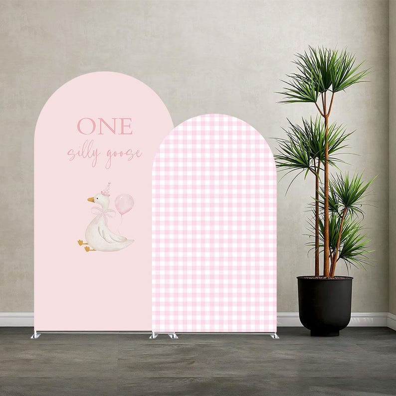 May include: Two arched backdrop banners. One is light pink with the words "ONE silly goose" and a cartoon goose holding a balloon. The other is pink and white gingham. A potted plant is to the right.