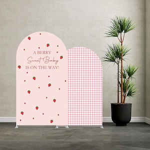 May include: A pink backdrop with an arched top, featuring strawberries and the text "A Berry Sweet Baby Is On The Way!". The right panel has a pink and white gingham pattern. A potted plant is to the right.