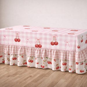 Cherry Gingham Tablecloth with Ruffle for Coquette Birthday Baby Shower Decor