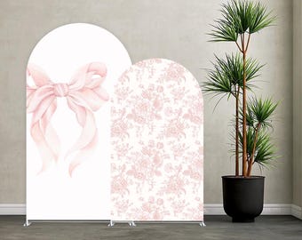 Pink Floral Bows Arch Backdrop Cover –Girls Pink Flowers Baptism Baby Shower Decorations,Wedding Birthday Party–Spandex Fabric Cover