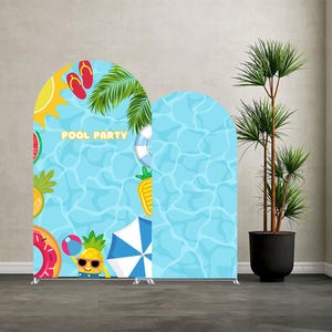 May include: Two arched pool party backdrops with a blue water design. One backdrop features a sun, watermelon, pineapple, donut, and the text "POOL PARTY". The other backdrop has a blue water design with a white and blue life preserver.