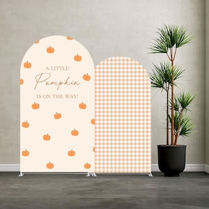 Könnte beinhalten: Zwei bogenförmige Hintergrundpaneele, bestehend aus einem cremefarbenen Paneel mit orangefarbenen Kürbisillustrationen und dem Text A LITTLE Pumpkin IS ON THE WAY sowie einem Paneel mit hellorange-weißem Vichy-Karo.