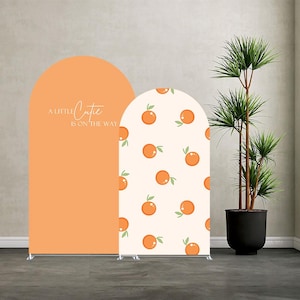Peut inclure: Deux bannières de fond arquées. L'une est orange uni avec le texte "A Little Cutie Is On The Way". L'autre bannière a un fond crème avec des fruits oranges et des feuilles vertes. Les bannières sont soutenues par des supports métalliques argentés.