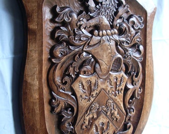 Custom Family Crest Coat of Arms Personalized Family Shield Wooden Emblem Wedding Wood Art Heraldic Hand Carved Name Woodworking Woodcraft