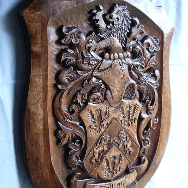 Custom Family Crest Coat of Arms Personalized Family Shield Wooden Emblem Wedding Wood Art Heraldic Hand Carved Name Woodworking Woodcraft