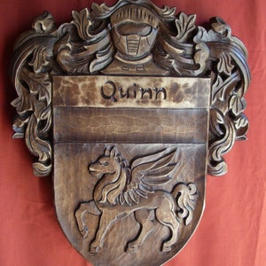 Heraldic Shield Custom Family Crest Coat of Arms Personalized Wooden Emblem Wedding Wood Art Hand Carved Name Crest Woodworking Woodcraft