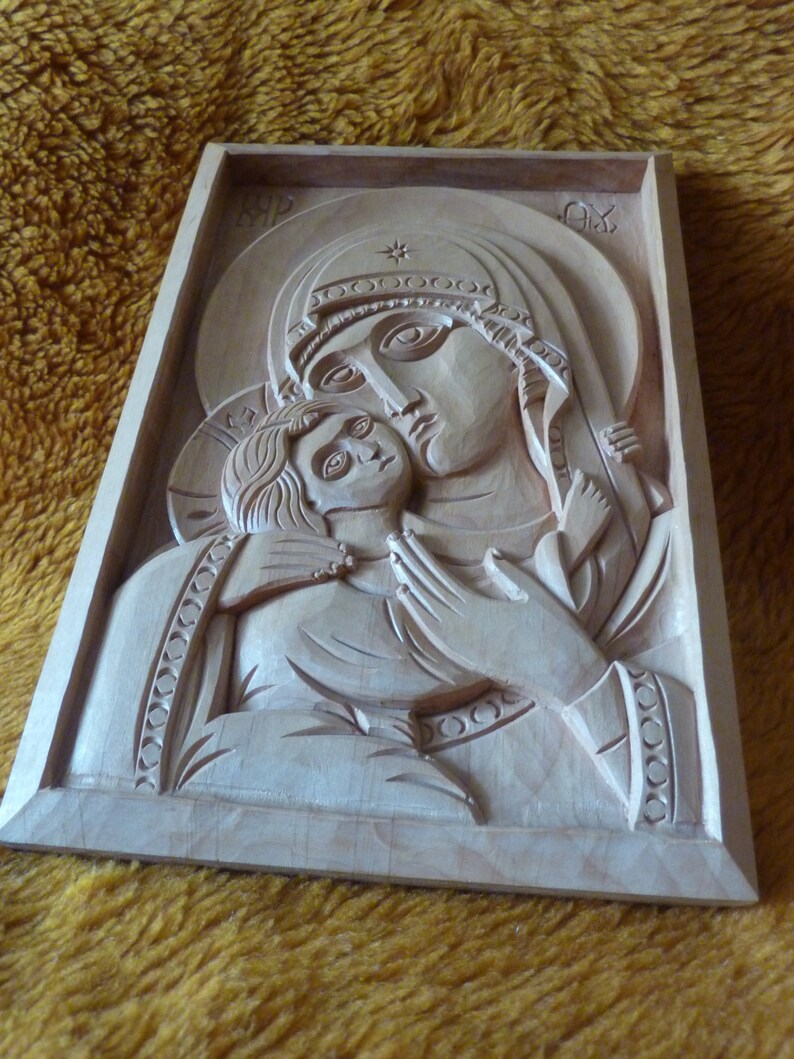 Hand Carved Religious Icon Virgin Mary and Child Wooden Christian ...