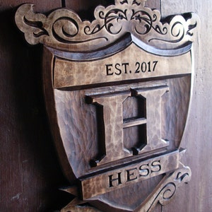 Coat of Arms Custom Family Crest Personalized Wedding Gift Heraldic Wood Art Shield Woodcarving Emblem Hand Carved Name Crest Woodworking
