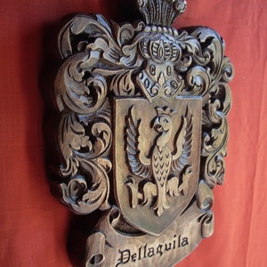 Custom Family Shield Wooden Crest Coat of Arms Personalized Heraldic Symbol Wedding Gift Wood Art Emblem Hand Carved Name Woodworking