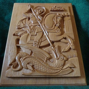 Hand Carved Byzantine Icon St. George Christian Wall Hanging Wood Art Woodcarving Woodcraft Home Décor 9,45 x 12,20″ - MADE TO ORDER