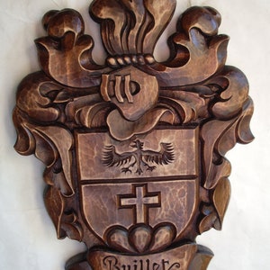 Personalized Coat of Arms Custom Family Crest Heraldic Shield Wedding Gift Wood Art Woodcarving Emblem Hand Carved Name Crest Woodworking