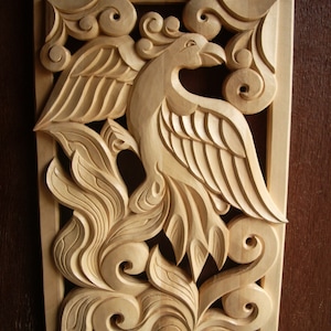 Houtsnijwerk, woondecoratie, houtkunst, houtbewerking, houtbewerking, Phoenix, muur hangen, houten cadeau, handgemaakt 14,96 x 9,45″ - MADE TO ORDER