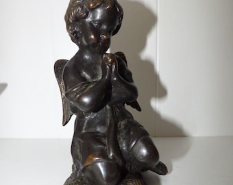 Vintage Antique Bronze Praying Winged Angel Religious Statue HEAVY!