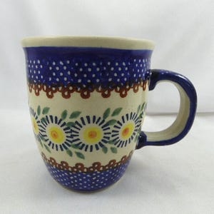 Boleslawiec Polish Pottery Hand Painted Mug Floral Blue Orange Brown Green Colors Artist Signed