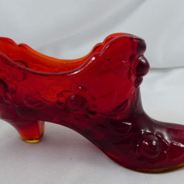 Fenton Ruby Red Glass Slipper Shoe Cabbage Roses Hint of Amberina