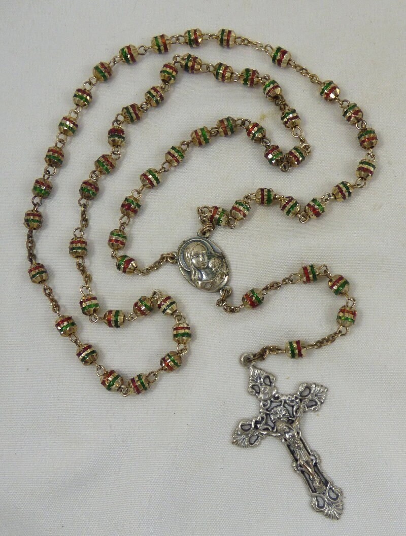 Catholic Rosary Necklace Metal Alloy Barrel Beads Green & Red Enamel Stripes