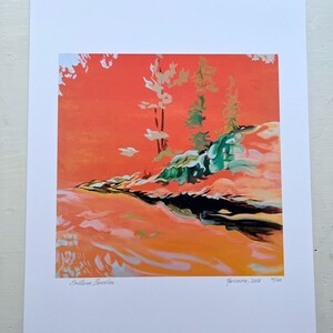 May include: A colorful abstract painting of a landscape with trees and water. The painting is done in shades of orange, yellow, green, and blue. The artist's signature and the date "November 2022" are visible in the bottom right corner. The number "11/100" is also visible, indicating this is a limited edition print.