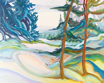 Blue Fir Trees, modern contemporary art, semi-abstract landscape, stylized trees, winter scene in mauve, green, and blue. Oil on wood panel
