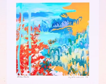Print 9.5 x 9.5 in on white paper 16 x 12 "Forest of Colors" signed and numbered. Reproduction of the oil painting "Forest of Colors"