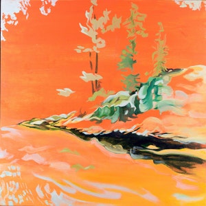 May include: Abstract painting of a landscape with a bright orange sky, green trees, and a rocky riverbed.