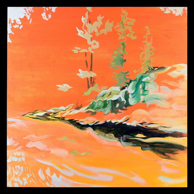 May include: Abstract painting of a landscape with a bright orange sky, green trees, and a rocky shoreline. The painting is done in a loose, gestural style.