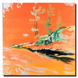 May include: Abstract painting of a landscape with a bright orange sky, green trees, and a black river winding through the scene.