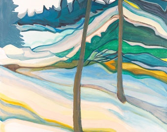 Original, Colourful Snow, contemporary art, stylized winter landscape, semi-abstract painting, blue, green, white, orange. Oil on wood panel.