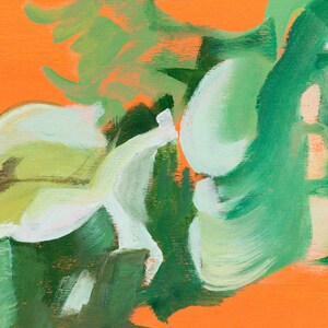 May include: Abstract painting with green and white shapes on an orange background. The shapes are organic and flowing, creating a sense of movement and energy.