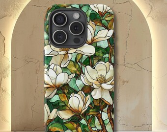 Stained Glass Look Magnolia Phone Case, Floral Abstract Faux Mosaic iPhone 16 15 14 13 Pro Max Plus X ,Samsung Galaxy S24 Ultra Google Pixel
