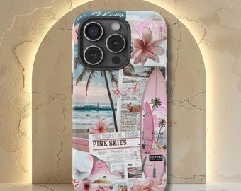 Coastal Cowgirl Collage-telefoonhoesje, roze Beachy-hoesje, Surfer Girl Aesthetic, iPhone 16 15 14 13 12 11 Pro Max 8 Plus X, Samsung Galaxy S2