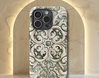 Sage Green Phone Tough Case, Azulejo Porcelana Mediterránea, iPhone 15 14 13 12 11 Pro Max 8 Plus X, Samsung Galaxy S23 S22 S20 Ultra