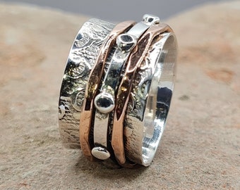 Gestippelde gehamerde 925 sterling zilveren designer band spinner ring voor geweldige handgemaakte tweekleurige meditatiering voor haar
