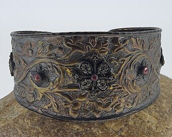 14k Vermeil Gold Antique Silver Cuff: Art Deco Floral Wide Bangle, Vintage Textured Statement Bracelet, Gift for Her