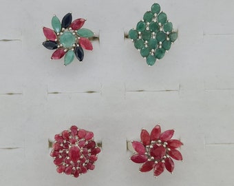 Multi stenen bloem ontwerp robijn smaragd saffier Ring, natuurlijke robijn smaragd saffier ring, zilveren smaragd ring, 925 sterling zilveren ring