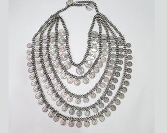 5 laag Vintage Indiase Elizabeth, Koning George Munt ketting, 5 lijn zware zilveren sterling zilveren ketting, Indiase tribal ketting, 623 gram