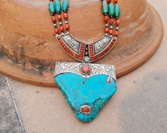 Vintage turquoise ketting antieke turquoise medaillon verklaring turquoise ketting turquoise sieraden vintage een van een soort ketting cadeau