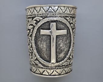 Vintage zilveren kruis armband, sterling zilver brede lange manchet armband, antieke zilveren Jezus Christus armband, kerk religieuze armband