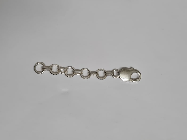 Puede incluir: Una cadena extensora de joyer&iacute;a de metal plateado que presenta cinco eslabones circulares conectados en fila, terminando con un cierre de mosquet&oacute;n. La cadena est&aacute; dise&ntilde;ada para a&ntilde;adir longitud a collares o pulseras de forma segura.
