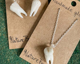 Glass Tooth Necklace and Earrings, human teeth, goth, oddity jewelry