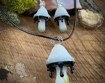 Inky Cap Mushroom Necklace and Earrings, handmade glass art, fairycore