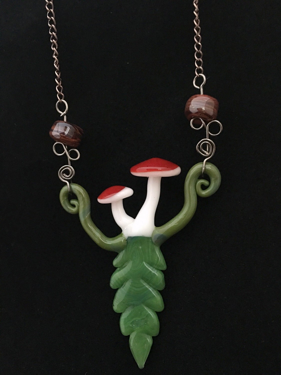 Mushroom necklace wire wrap handmade glass beads and pendant