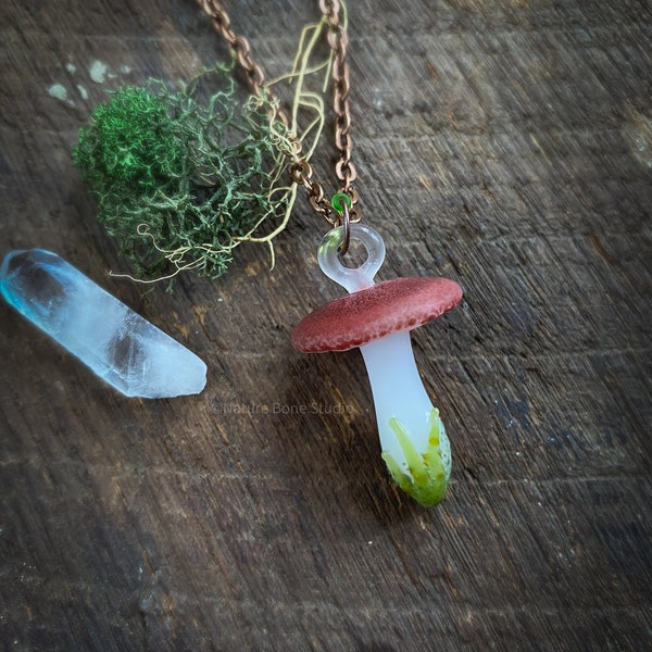 Earthy Glass Mushroom Necklace, handcrafted